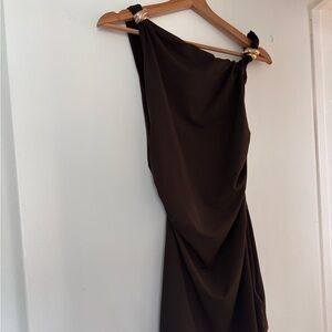 One-Shoulder Draped Mini Dress in Deep Brown
